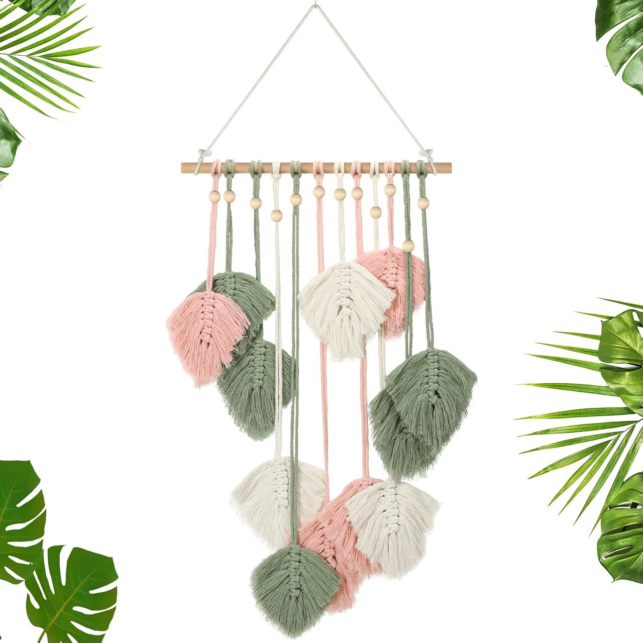 Large Pink Macrame Wall Hanging – Boho Leaf & Feather Woven Tapestry, Bohemian Wall Art for Bedroom, Living Room, or Nursery, 16.5 x 35.4 Inches